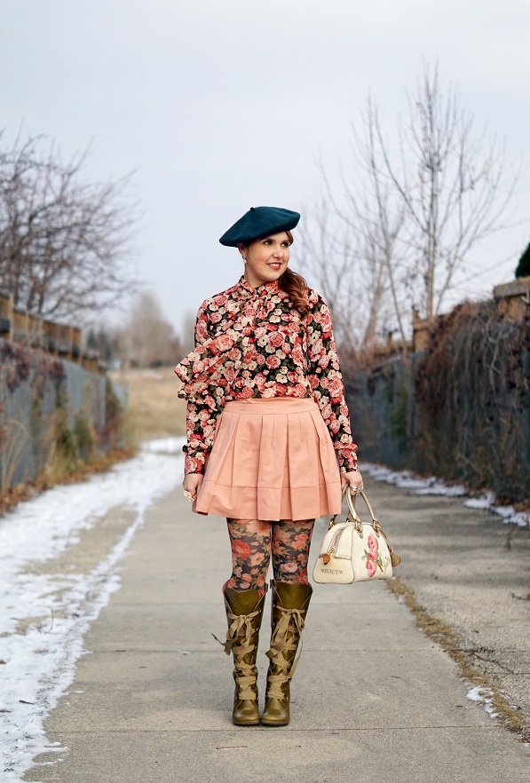 Winnipeg Canadian Fashion Stylist Consultant Blog, Forever 21 rose floral rose print blouse top, BCBG Max Azria Aria pink blush pleated skirt, Joe Fresh green wool beret, Forever 21 coral rose floral print tights, Juicy Couture terry rose embroidered bowler purse handbag, John Fluevog Hildegard Soprano olive green knee high lace up leather boots 